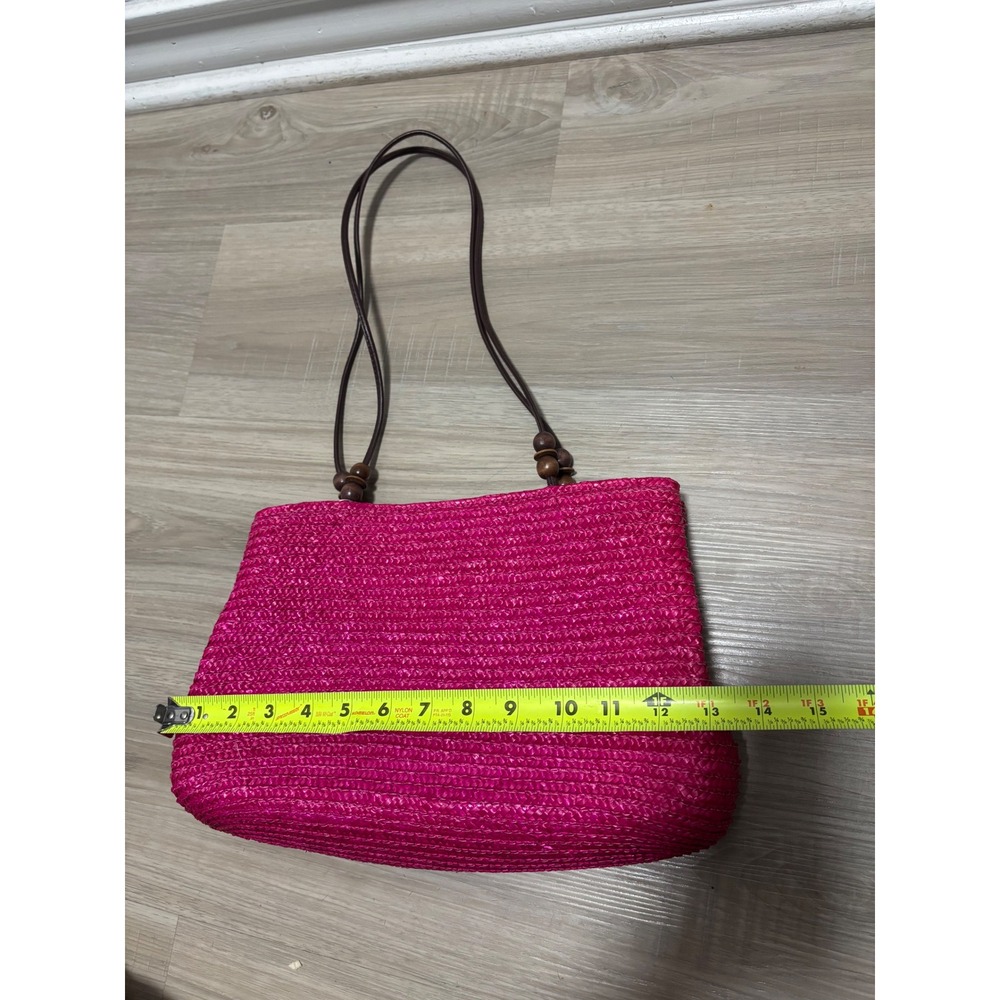 Pink Woven Wheatstraw Shoulder Bag with Wooden Bead Accents Summer Tote